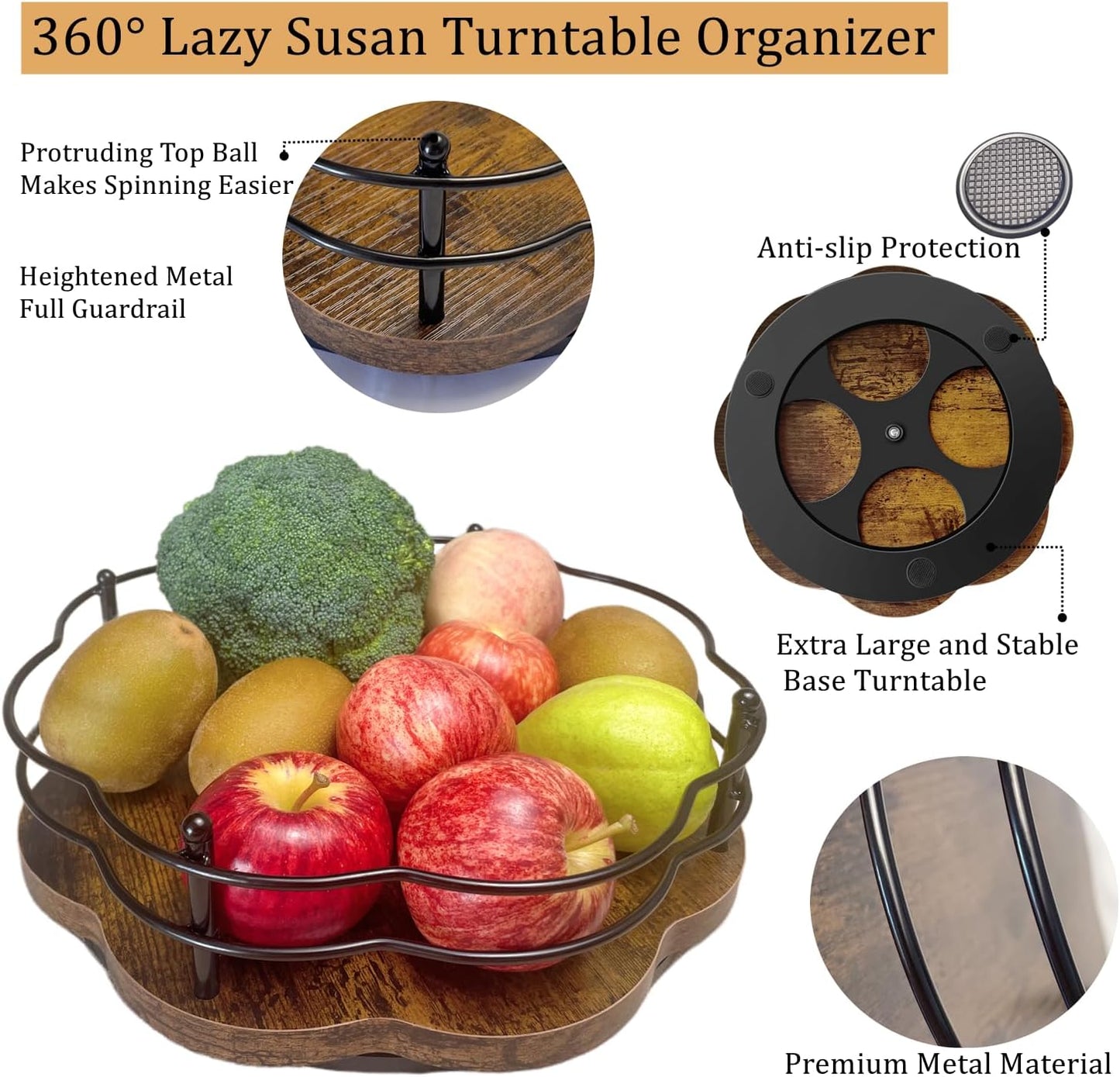 2 Pack, 11" & 12" Wooden Lazy Susan Turntable with Higher Metal Sides, 360° Rotating Lazy Susan