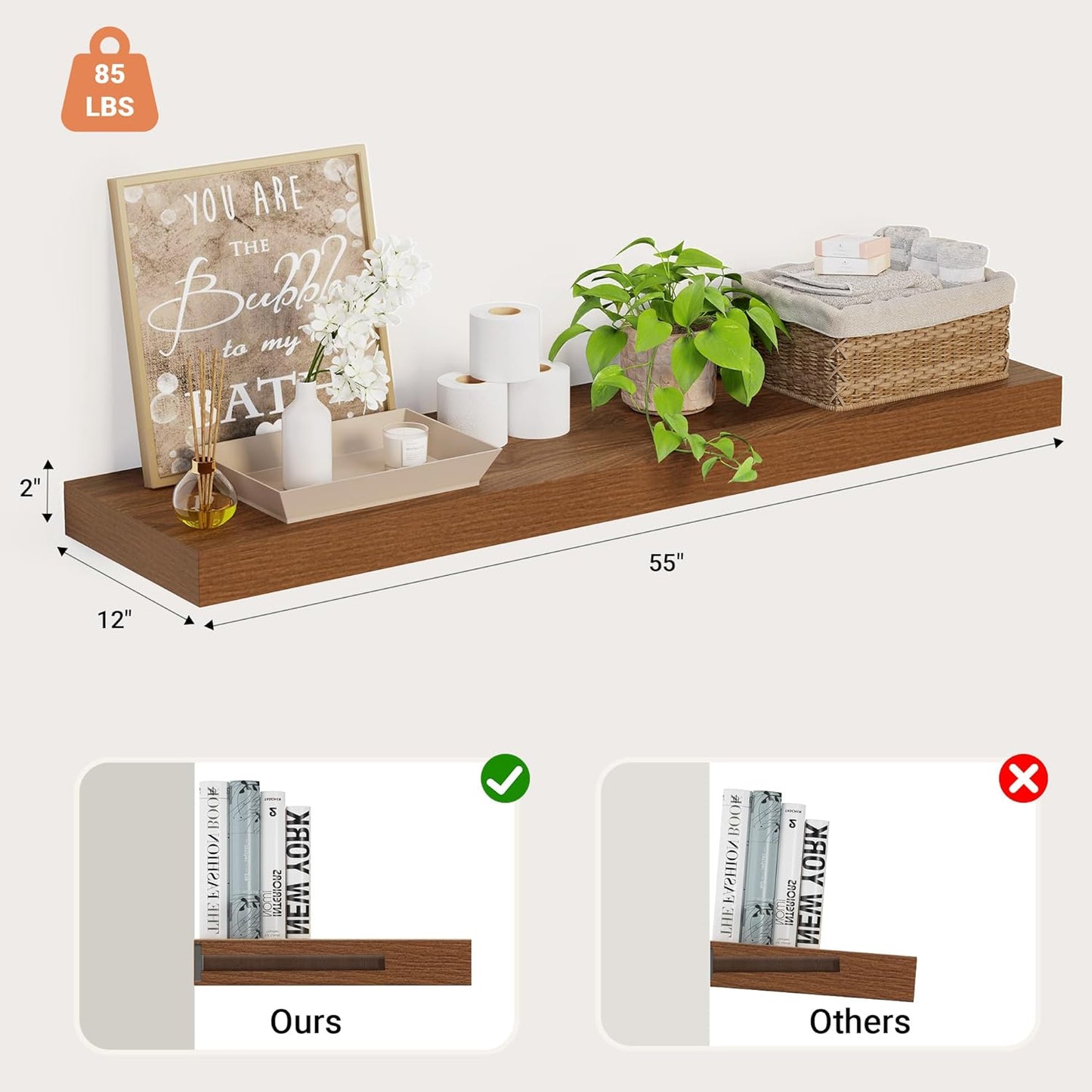Heimlove 12 Inch Deep Floating Shelves, 55 x 12 inches Long Wall Shelf, Large Extra Display Shelf &