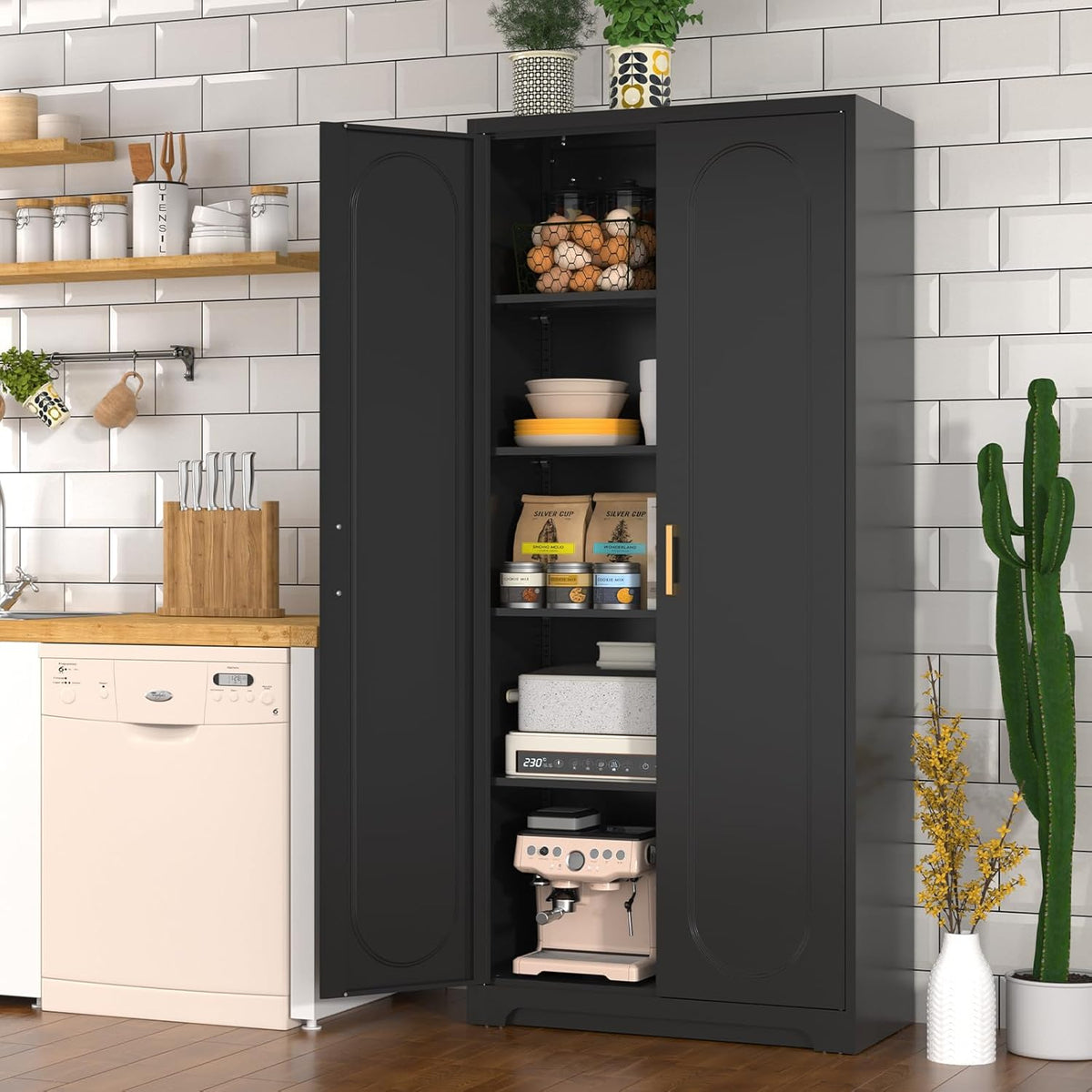 71" Tall Kitchen Pantry Cabinet, Pantry Storage Cabinet with Doors and Shelves, Metal Food Pantry