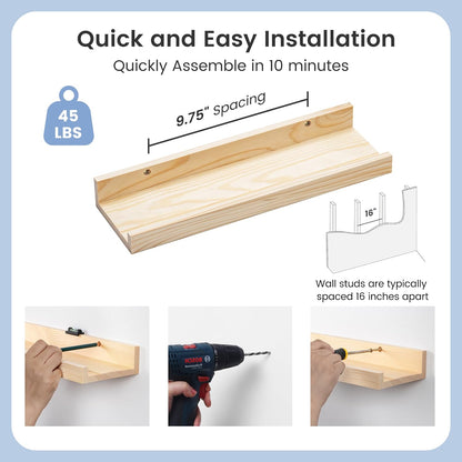 Picture Ledge Shelf for Wall, 16 inch Solid Pine Wood Nursery Book Shelves 2 Packs, Floating Ledge