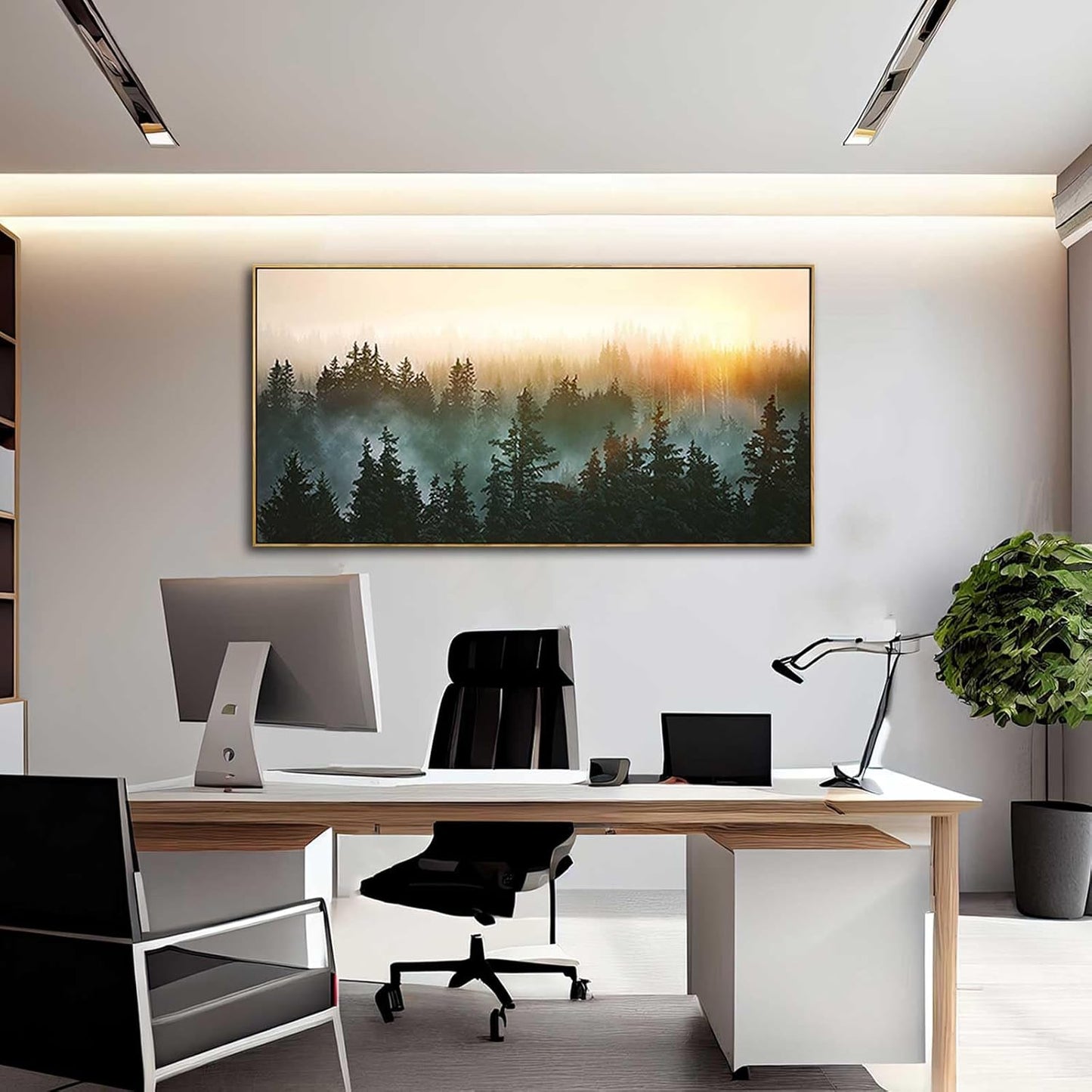 Living Room Wall Art Sunrise Misty Forest 24"x48" Modern Home Wall Decor Plants Wall Decorations