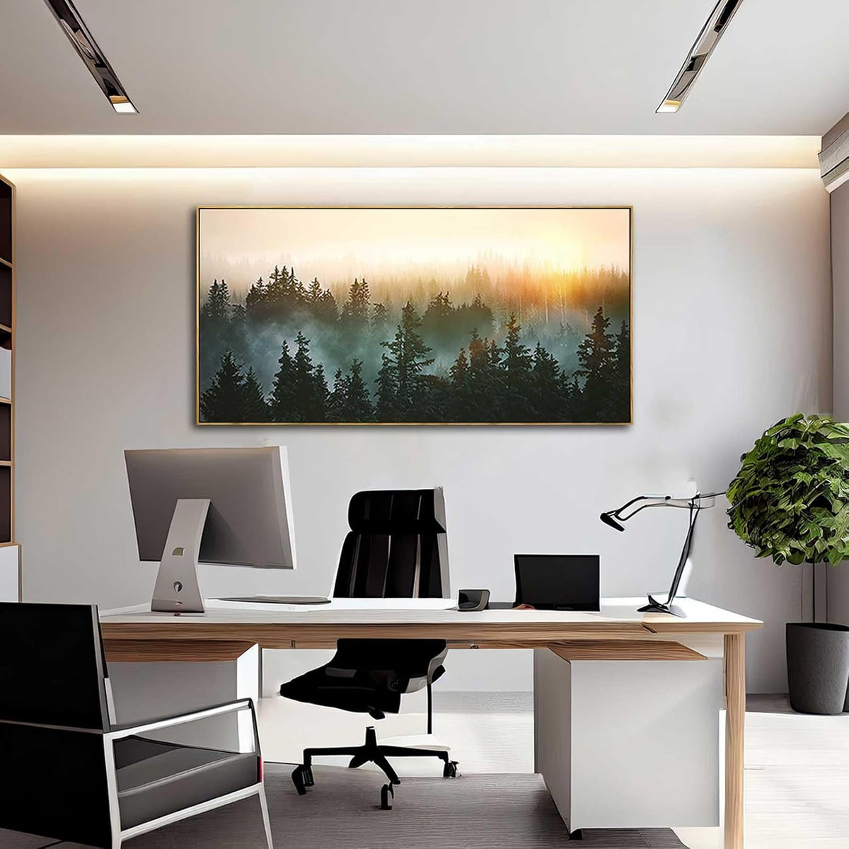 Living Room Wall Art Sunrise Misty Forest 24"x48" Modern Home Wall Decor Plants Wall Decorations
