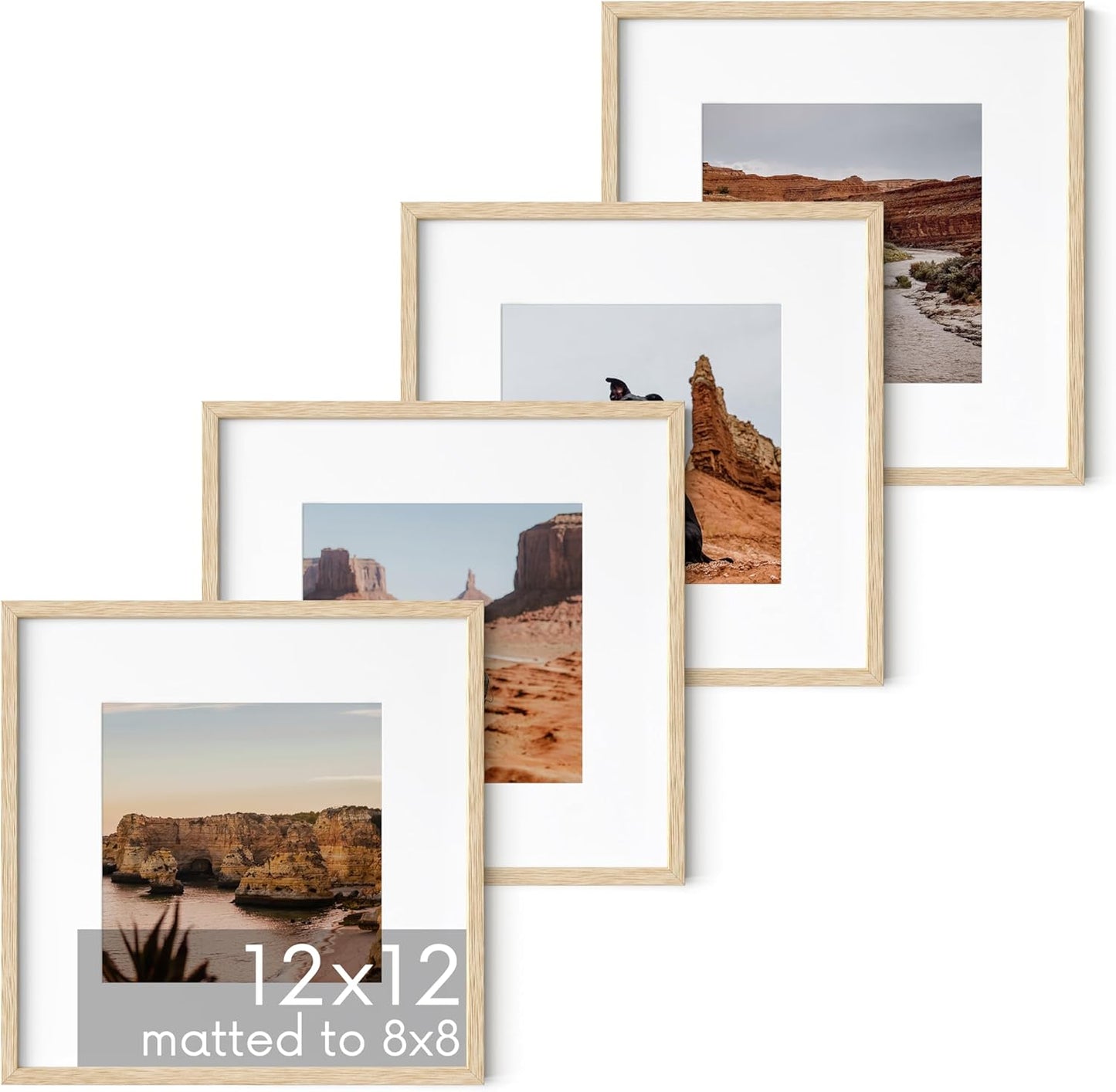 HAUS AND HUES Solid Oak Wood 12”x12” Picture Frames Matted to 8”x8” Set of 4-12x12 Standard Square