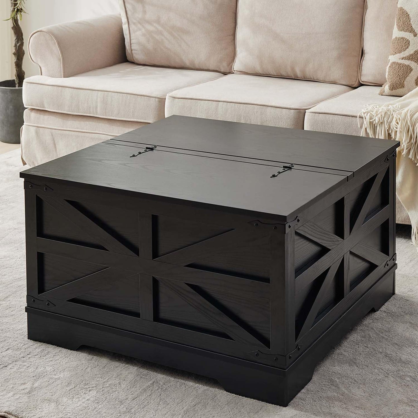 Black Coffee Table with Storage, Cocktail Table with Hinged Lift Top, Farmhouse Square Wood Center