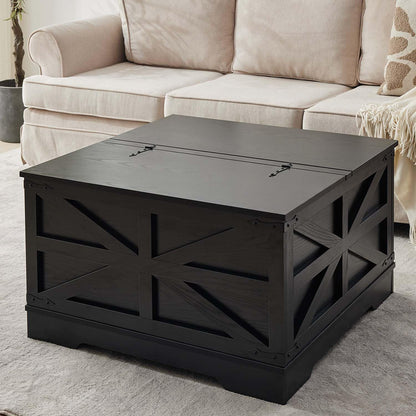 Black Coffee Table with Storage, Cocktail Table with Hinged Lift Top, Farmhouse Square Wood Center