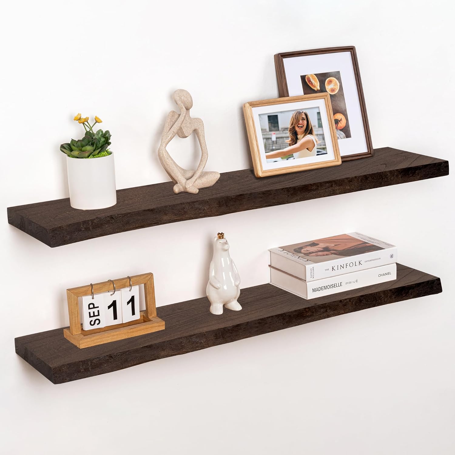 RICHFOCUS Live Edge Elm Floating Shelves - 40" W x 9.3" D Rustic Solid Wood Wall Shelves with
