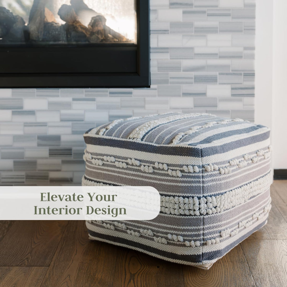 Pouf Ottoman, Square Hand Woven Loop and Striped Ottoman Pouf for Living Room or Bedroom, Floor