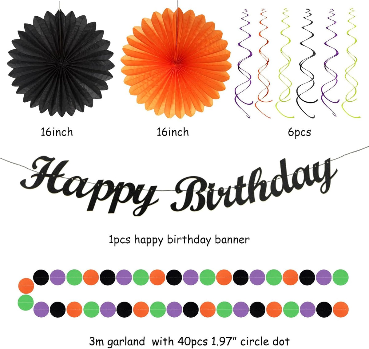 Black-Green Orange-Purple Halloween Birthday Party-Decorations - 21pcs Happy Banner,Paper Lanterns