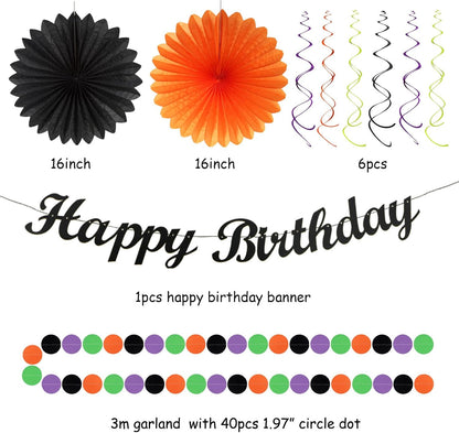 Black-Green Orange-Purple Halloween Birthday Party-Decorations - 21pcs Happy Banner,Paper Lanterns