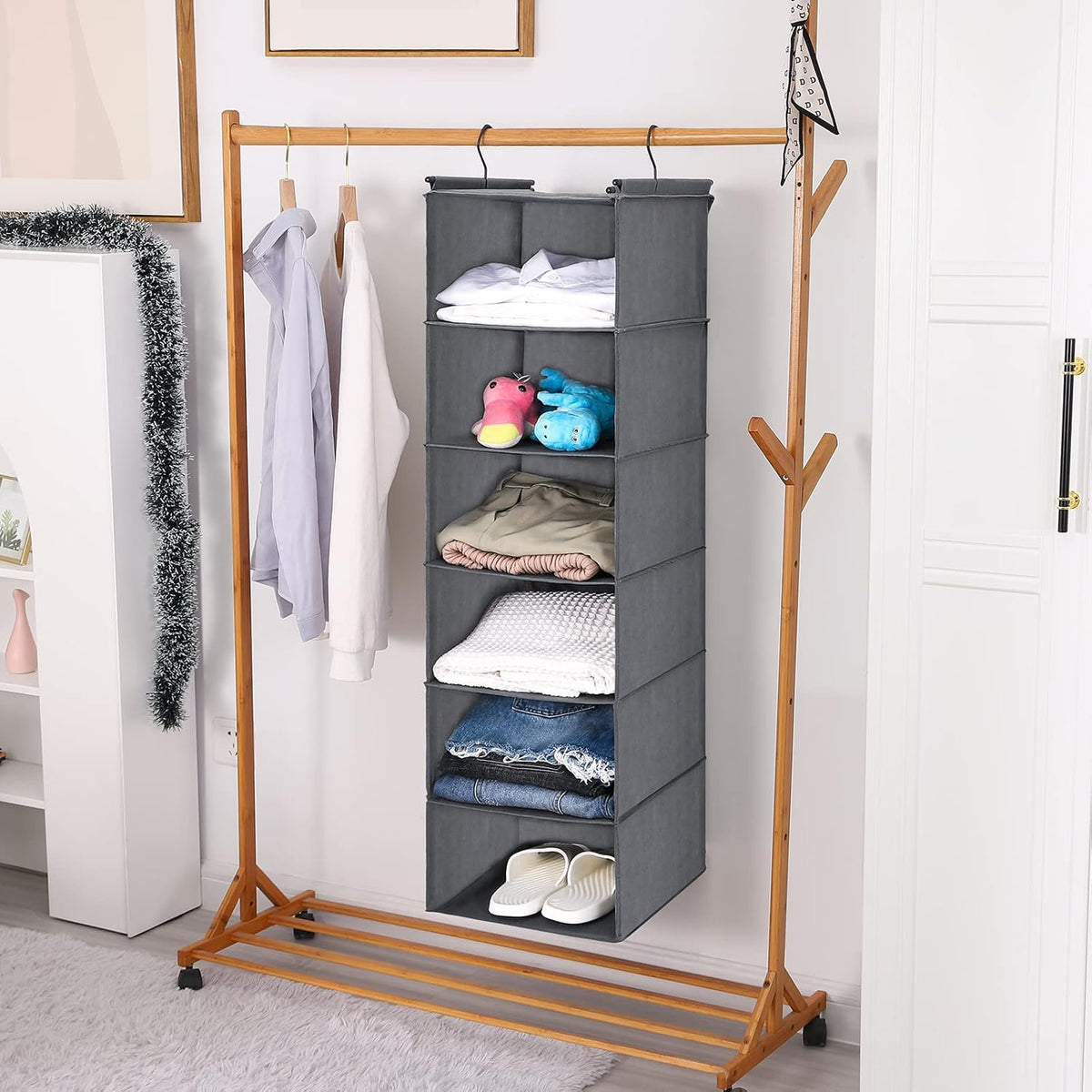 MAX Houser 6 Tier Shelf Hanging Closet Organizer, Closet Hanging Shelf with 2 Sturdy Hooks for