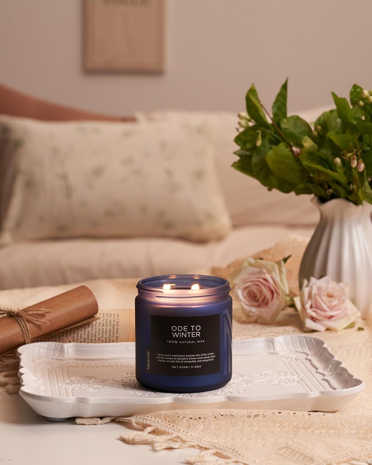 M&SENSE Ode to Winter - Lavender Sandalwood Scent 11.6oz Natural Soy Wax Non Toxic Candle, Up to 70