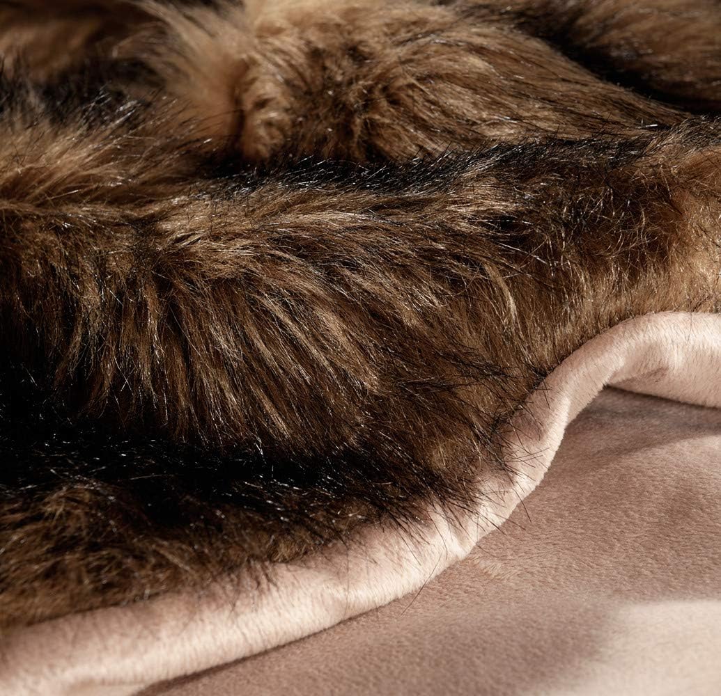 Luxury Plush Faux Fur Blanket Queen Size, Long Pile Brown with Black Tips, Oversized Super Warm