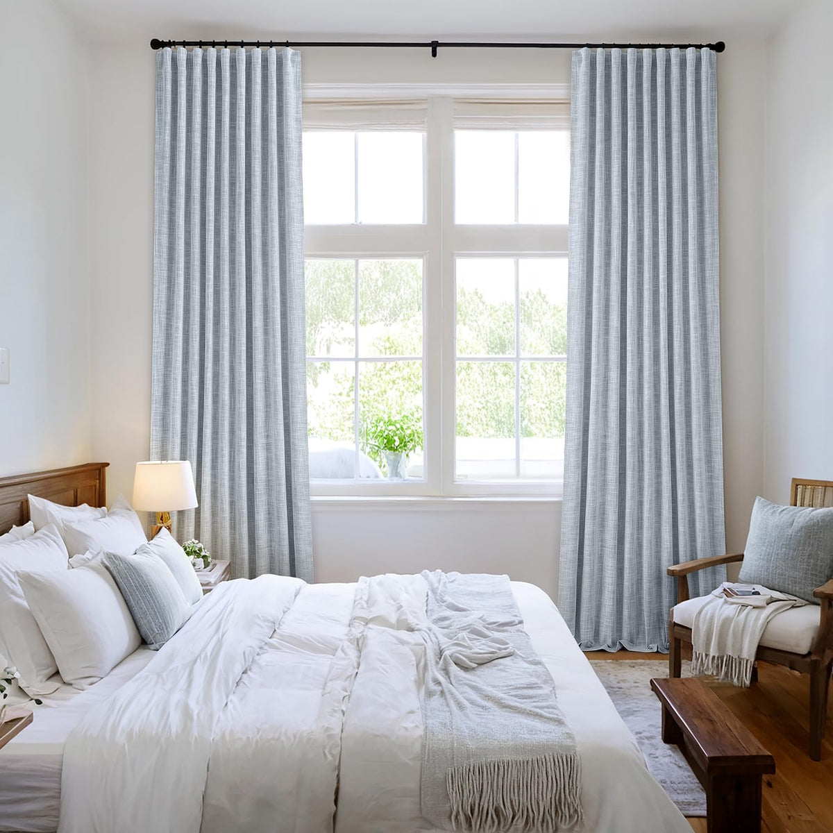 MIULEE Light Blue 100% Blackout Linen Curtains 84 Inch 2 Panels Set Double Sided No Coating Pleated
