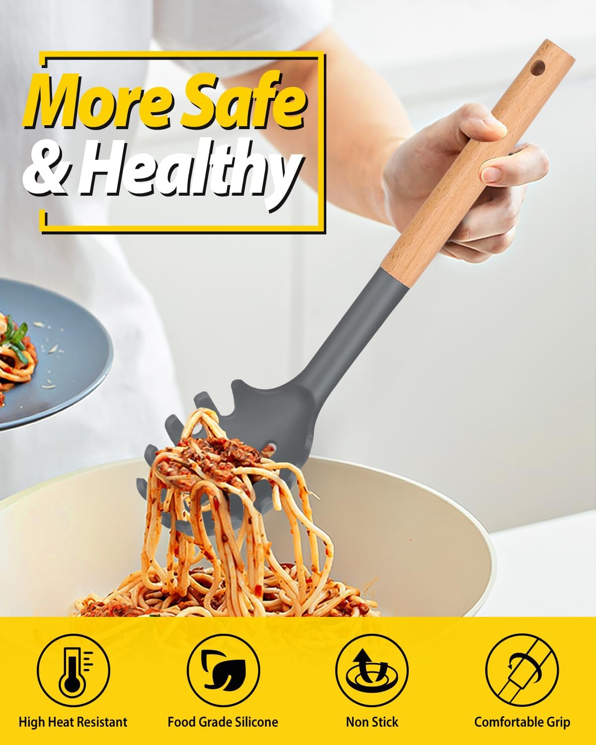 Silicone Pasta Fork and Ladle Spoon Set with Wooden Handle, Heat Resistant Non Stick Kitchen