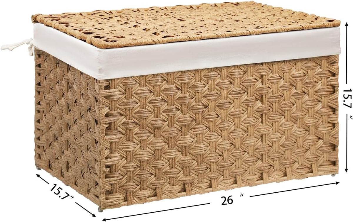 Wicker Storage Basket with Lid, 27.7 Gallon (105L) Large Blanket Basket with Lid, Woven Storage Bin