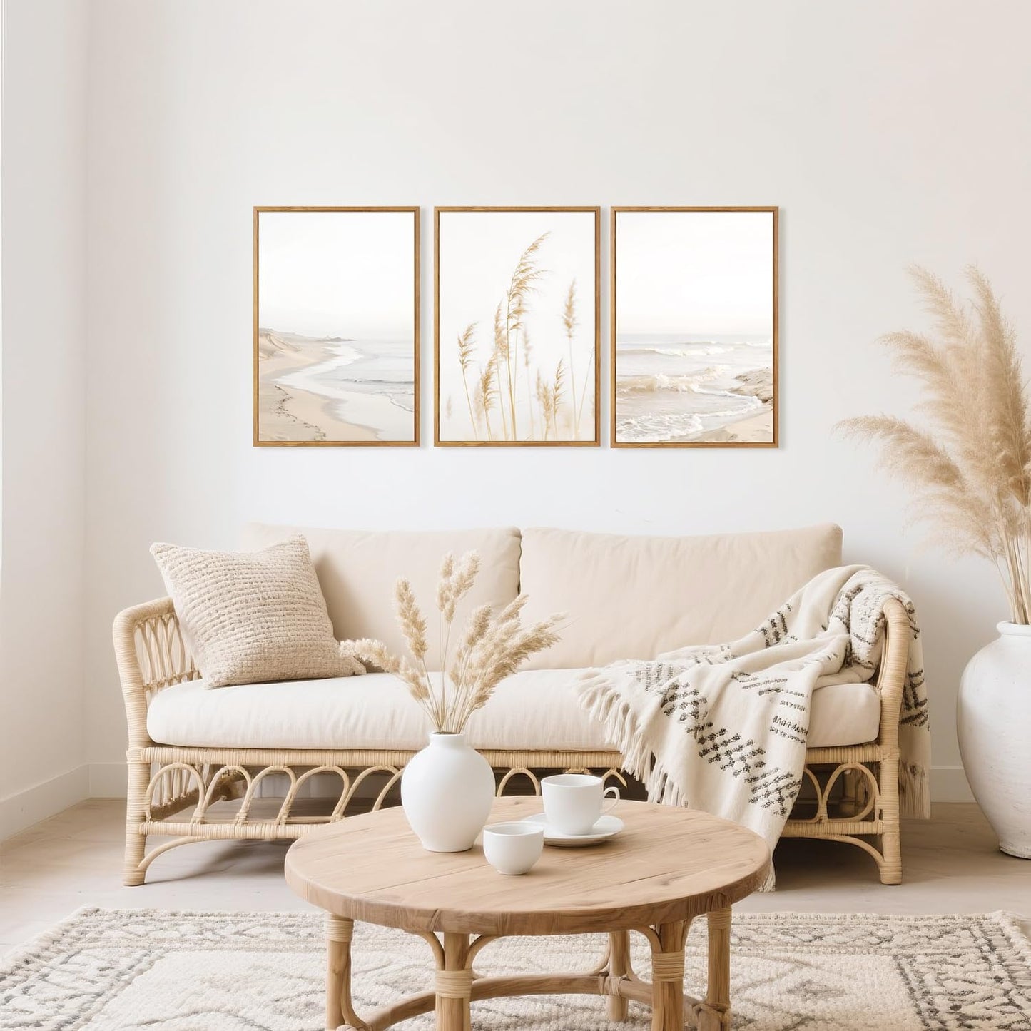 HPNIUB Modern Beach Artwork Seascape Wall Art, Seaside Framed Painting Reed Pathway Picture