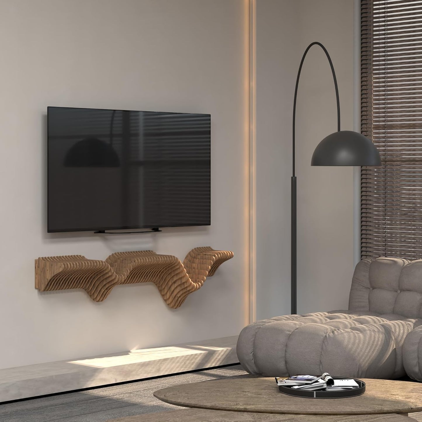Parametric 40 inch Floating Shelf TV Unit Modern Geometric Wooden Wall Piece Decor Natural Oak