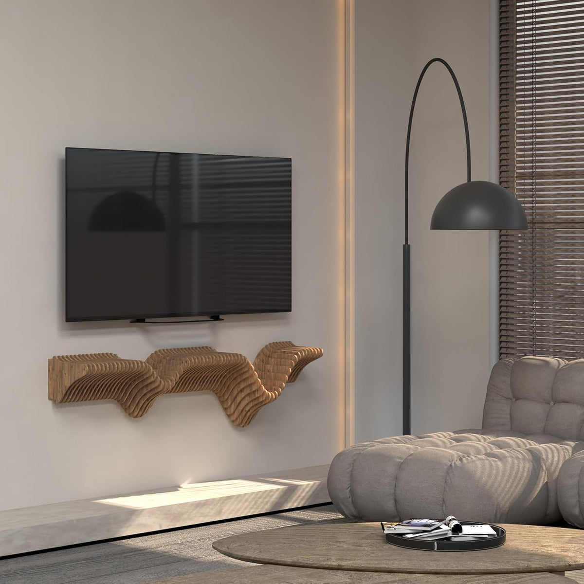 Parametric 40 inch Floating Shelf TV Unit Modern Geometric Wooden Wall Piece Decor Natural Oak