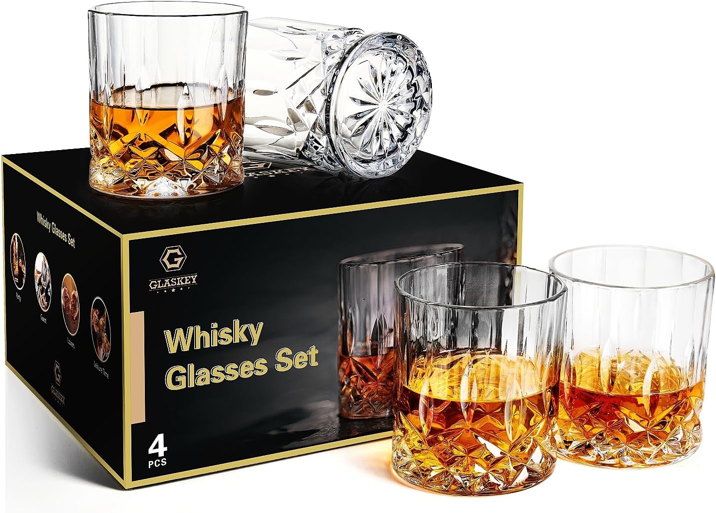 Whiskey Glasses Set of 4,Rock Glasses,11 oz Lead-Free Crystal Bourbon Glass,Old Fashioned Glass for