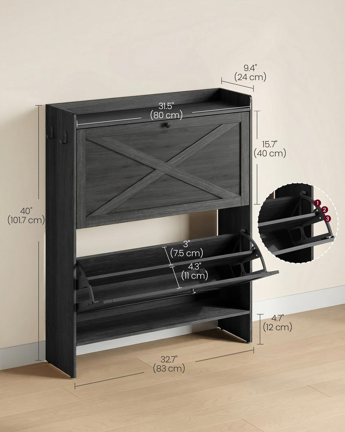 VASAGLE Narrow Shoe Storage Cabinet Organizer with 2 Flip Drawers