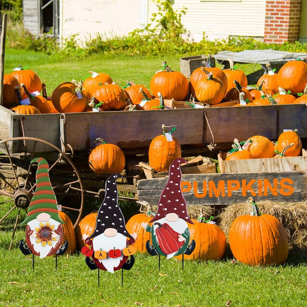 YEAHOME Fall Decorations for Home Outdoor, 3 Pack Gnomes Decorative Garden Stakes for Fall Decor
