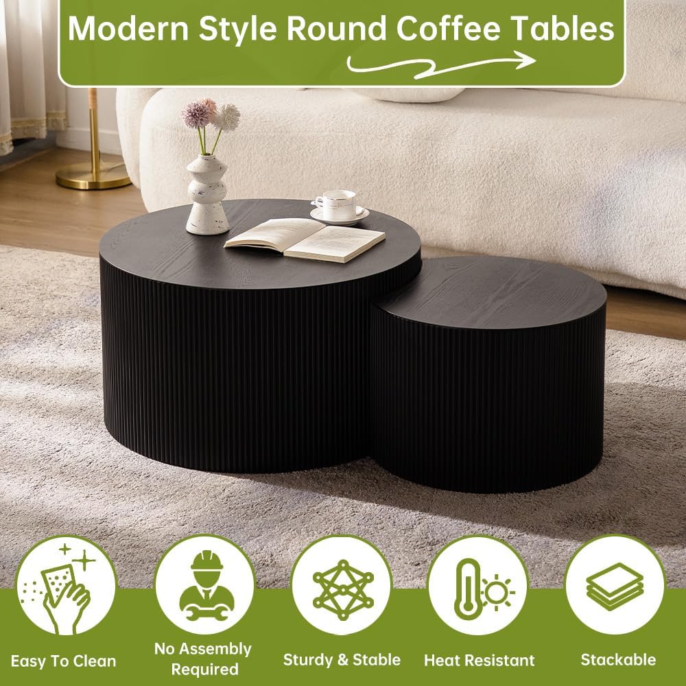 Round Nesting Coffee Table Modern Black Fluted Coffee Table Set of 2 Stripe Round Coffee Tables