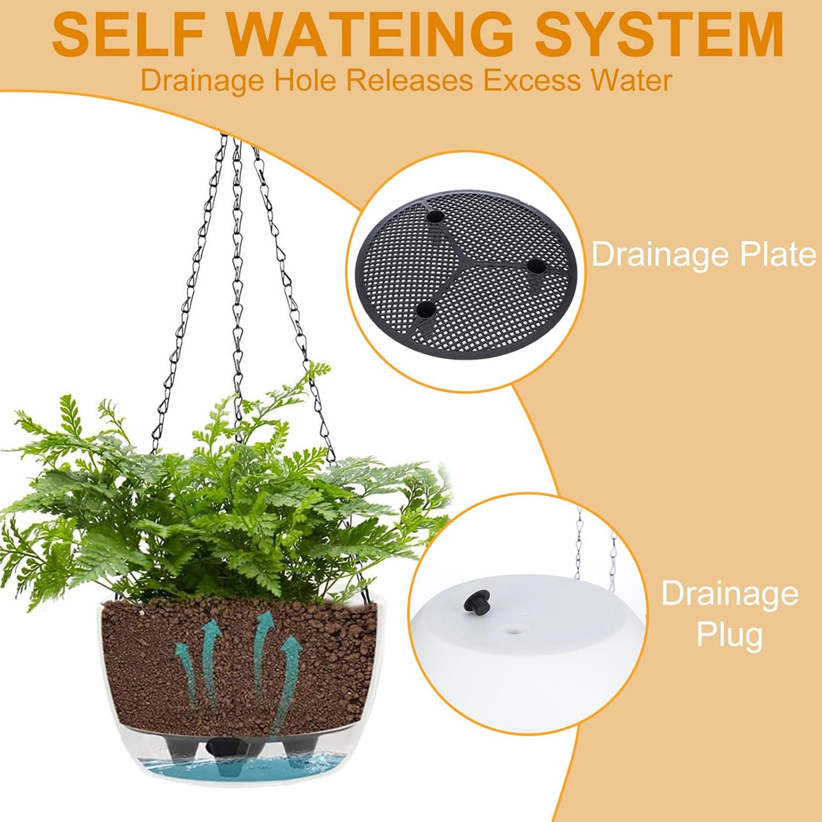 2 Packs Hanging Planters Basket for Outdoor Plants, Solar Powered Self Watering White Round Plastic