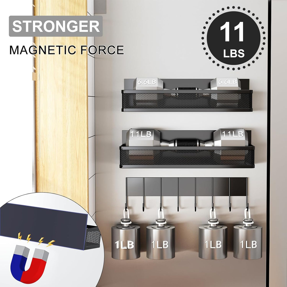 Magnetic Spice Rack for Refrigerator, 3 Pack Magnetic Shelf, Moveable Fridge Organizer with 8-Hook