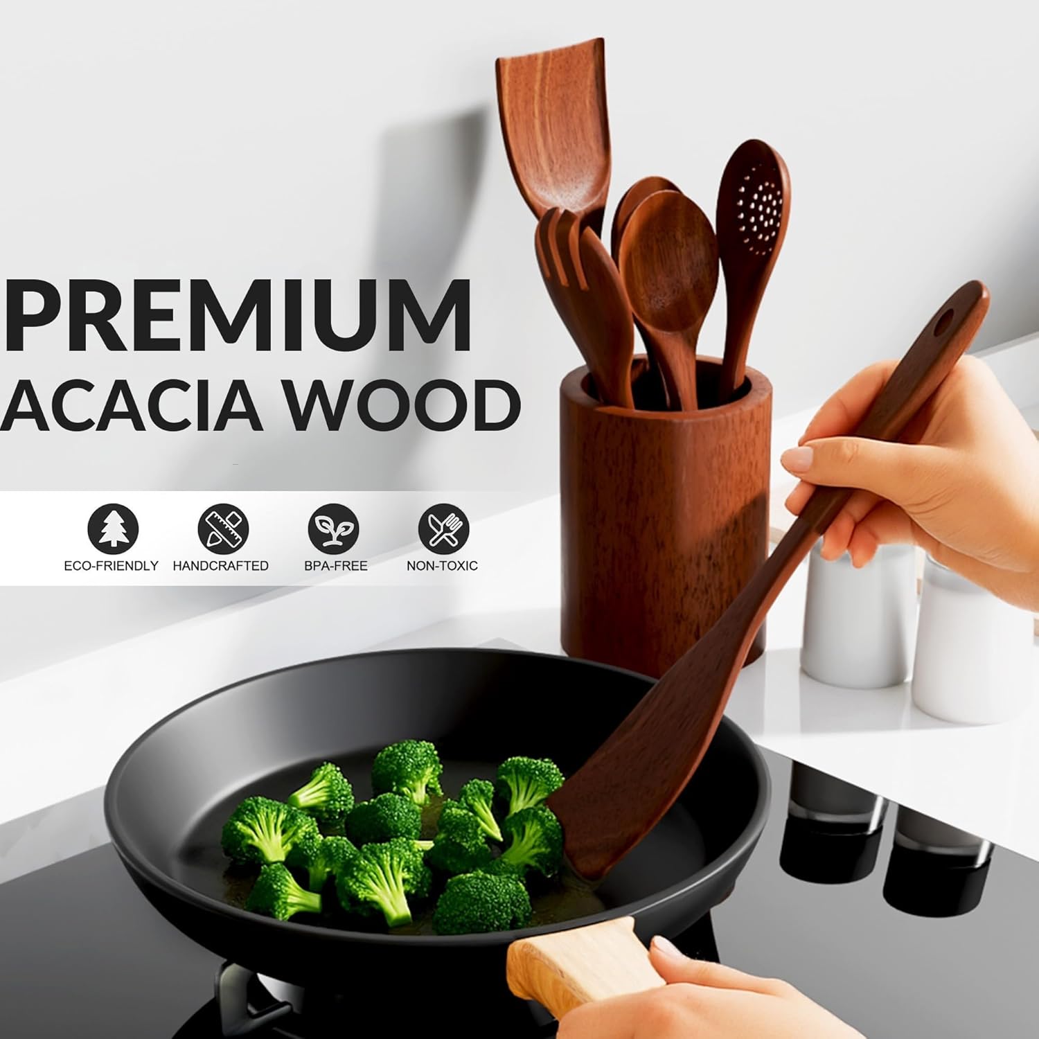6-Piece Acacia Wood Cooking Utensil Set – Wooden Kitchen Pan Toolset for Nonstick Cookware
