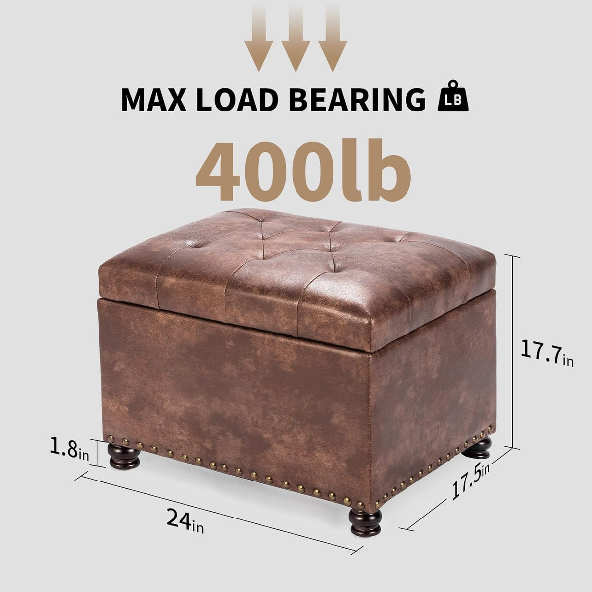 Joveco Leather Storage Ottoman, 24" Rectangle Tufted Square Upholstered Bench, Foot Rest Stool with