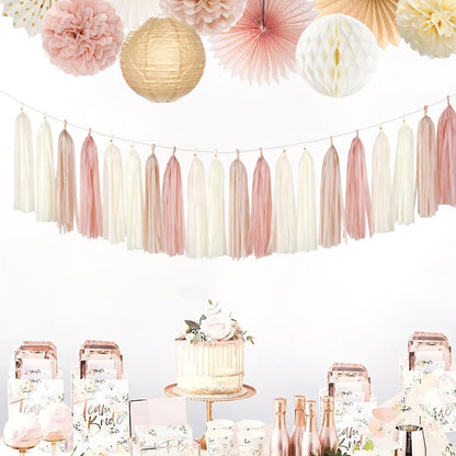 Champagne-Gold Beige Boho Party-Decorations Tassel-Garland - 20pc Fall Baby Shower Birthday Wedding