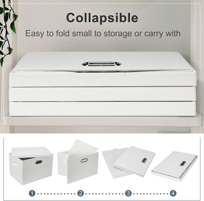 Large 17" 36 Quart Collapsible Stackable Storage Bins with Lids, 3 Packs White Linen Fabric Closet