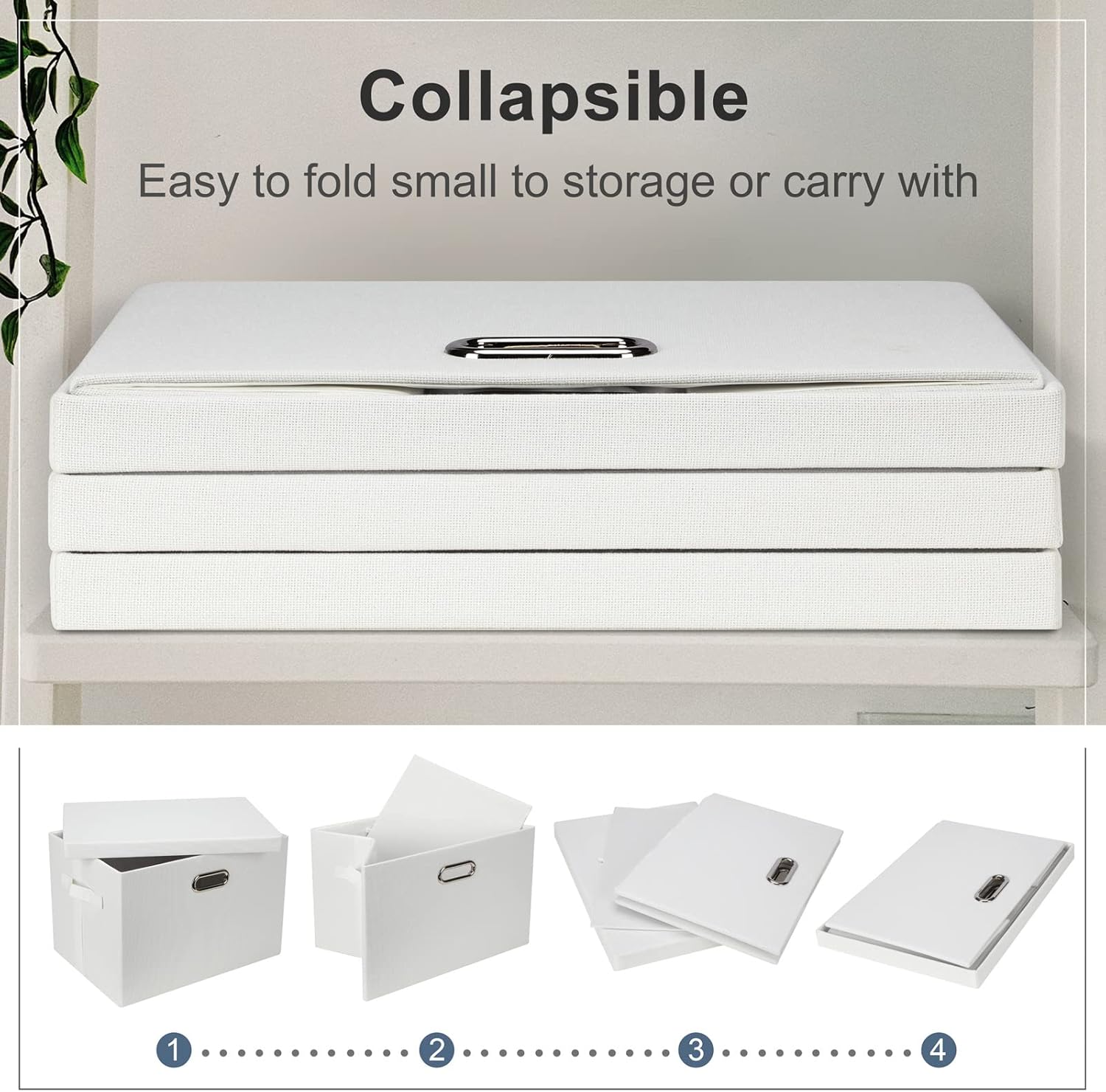 Large 17" 36 Quart Collapsible Stackable Storage Bins with Lids, 5 Packs White Linen Fabric Closet