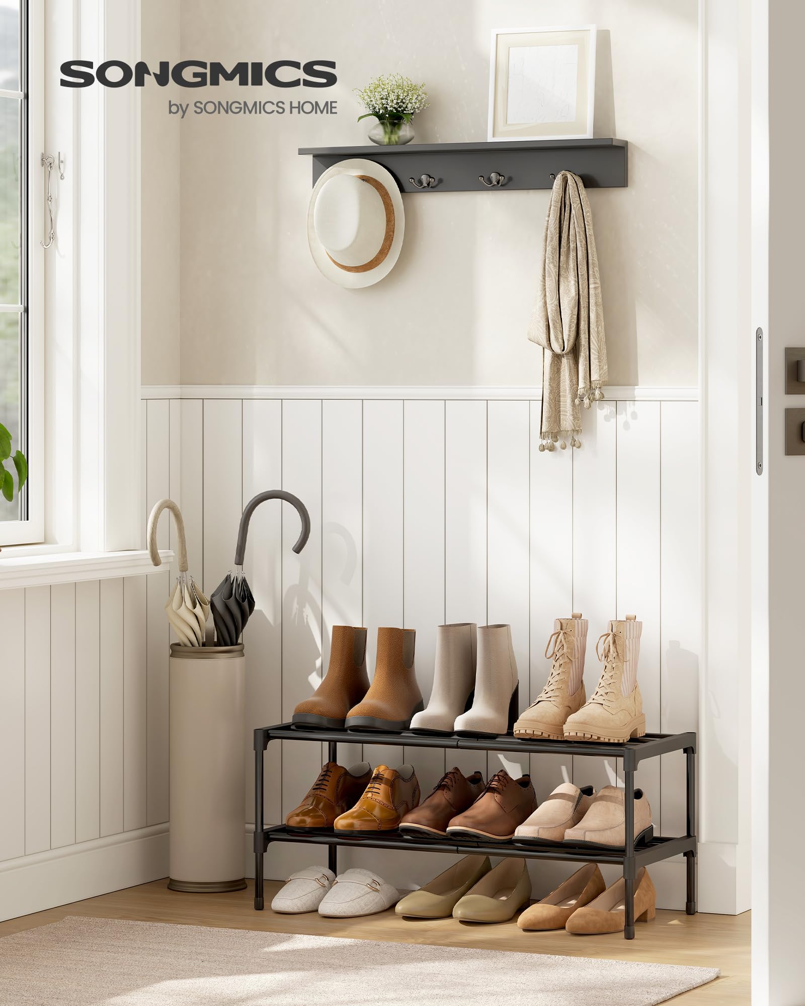 SONGMICS 2-Tier Shoe Rack, Stackable Compact Metal Shoe Storage Organizer