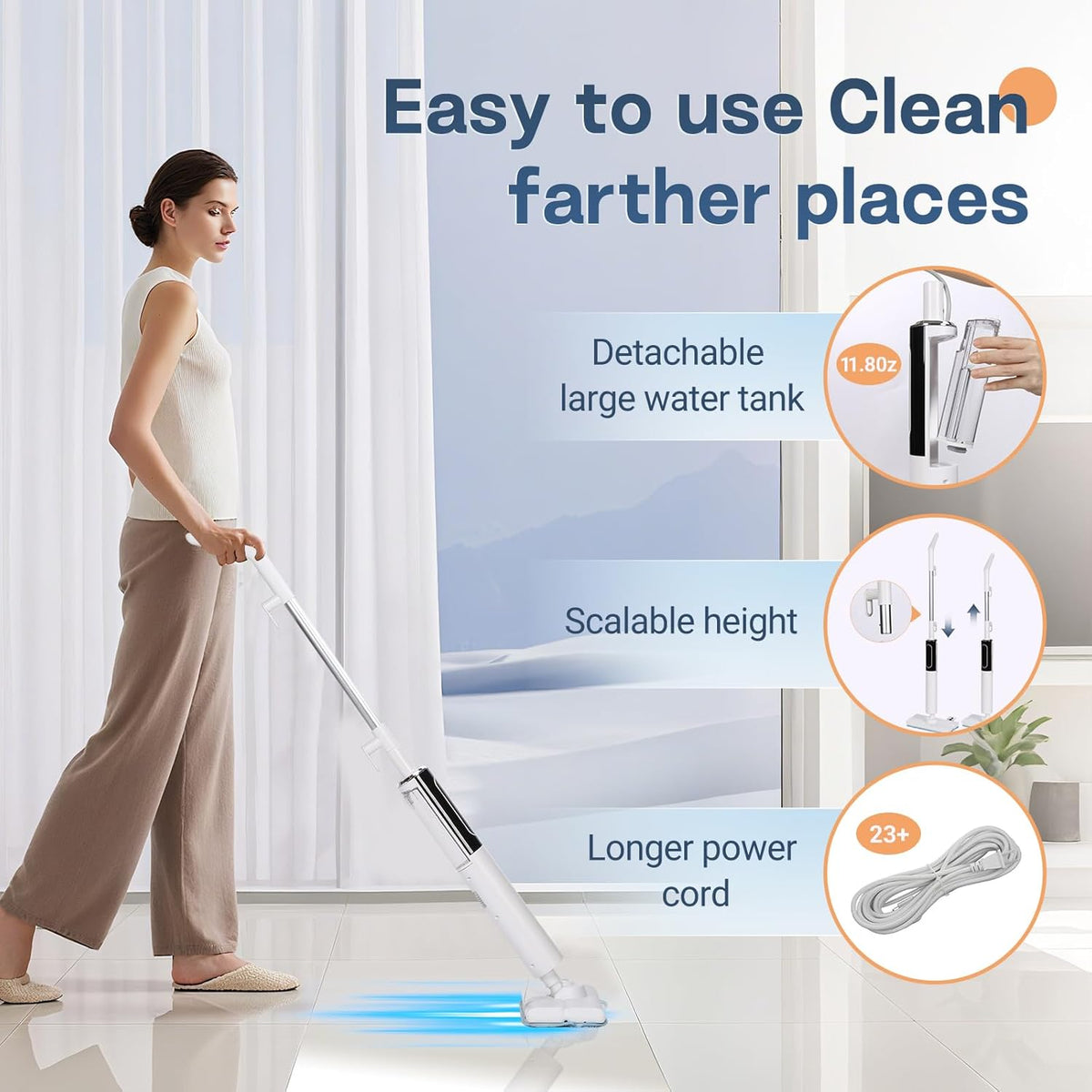Steam Mop, Detachable Handheld Steam Cleaner for Home,1200W Heat to 260 °F in 20S, 2 Steam Modes &