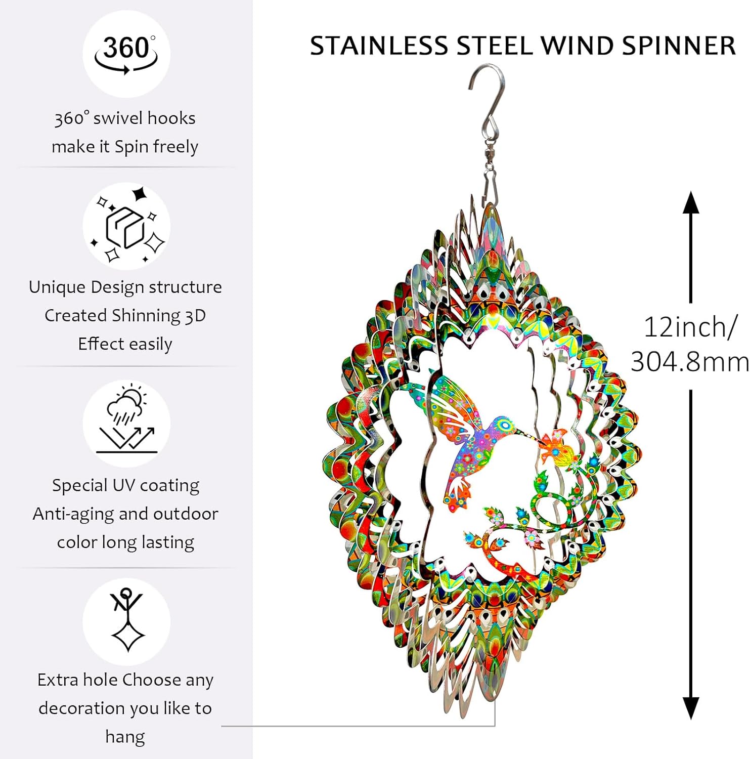 Hummingbird Wind Spinner for Yard and Garden,12in 3D Wind Spinner Hummingbird Gift for