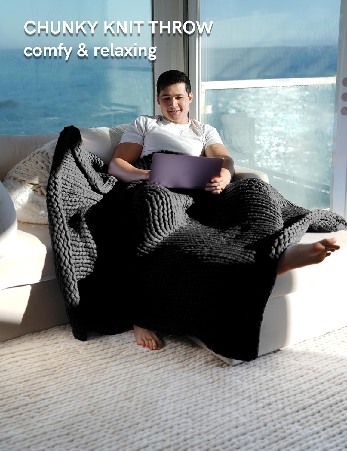 YnM Chunky Throw Blanket, Medium-Weight, Hand Knitted, Skin Friendly, Ventilated and Breathable