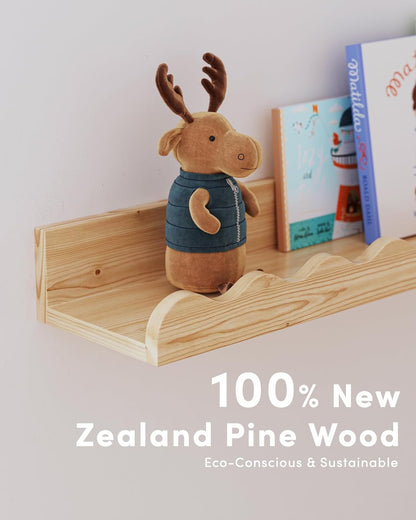 Kids' Bookshelf Set of 4 - Wood Floating Nursery Book Shelves, Picture Ledge Shelf for Wall Decor