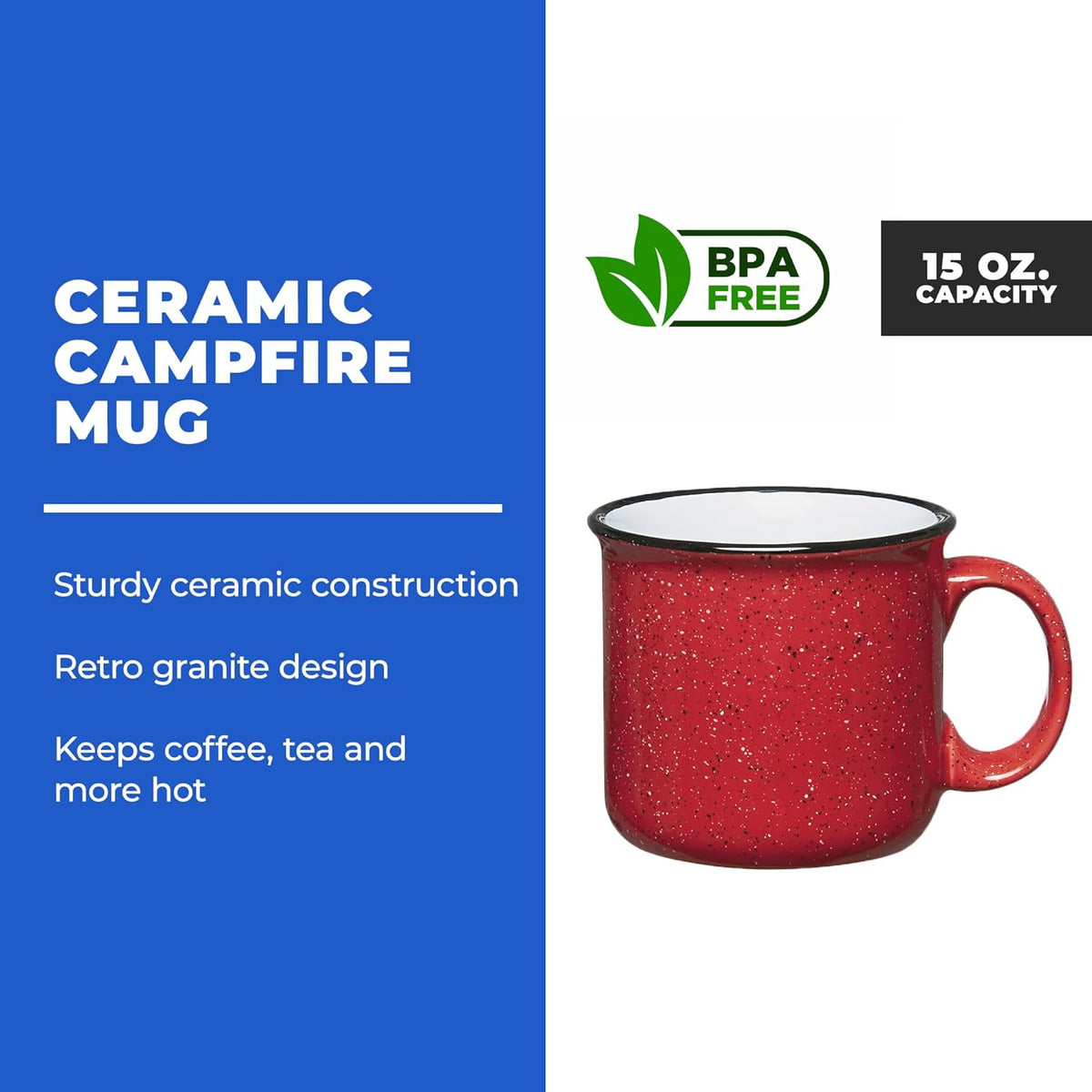 Set of 16 Ceramic Campfire Mugs – 15 Oz, Red – Coffee & Tea Cups for Home, Work, Travel, Camping