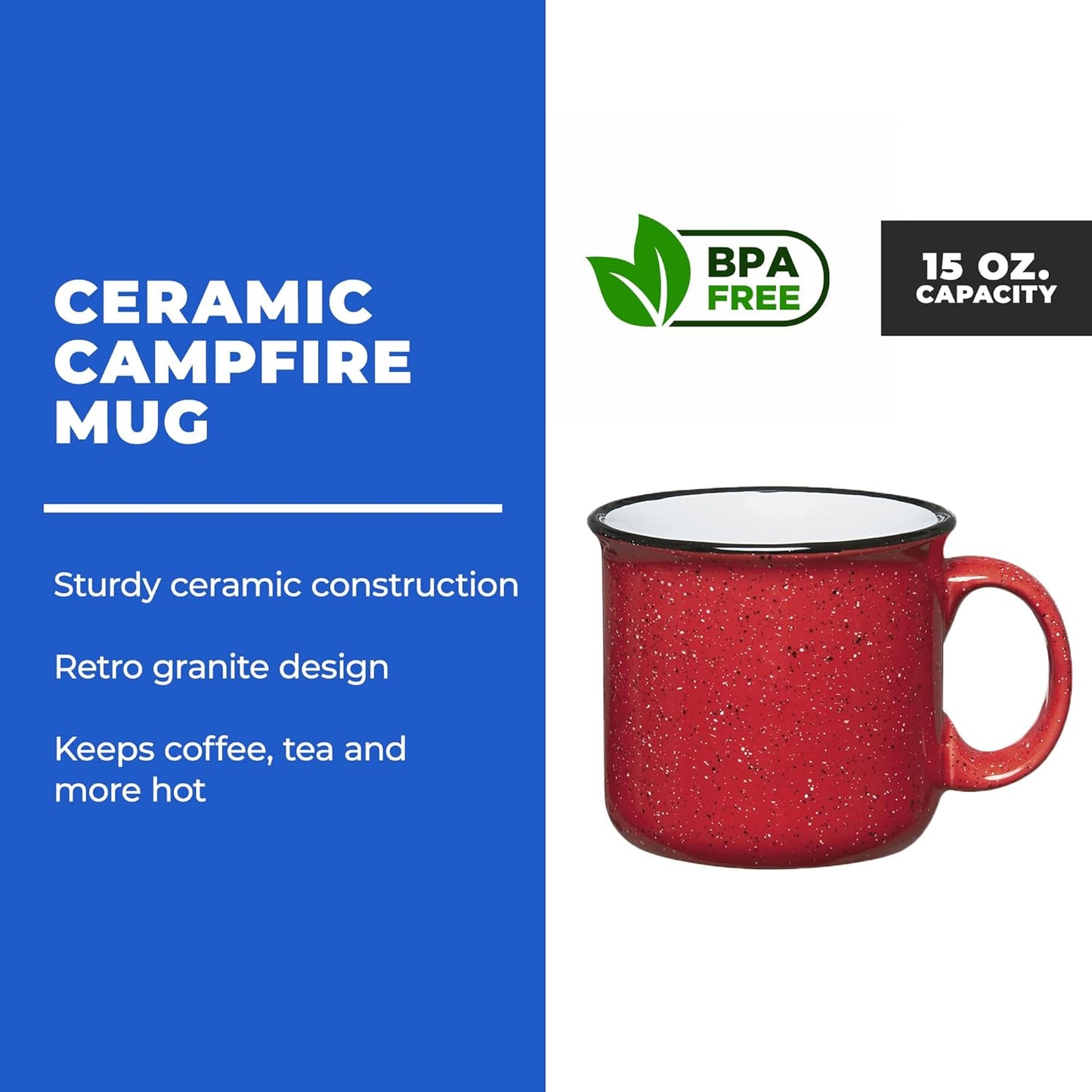 Set of 8 Ceramic Campfire Mugs – 15 Oz, Red – Coffee & Tea Cups for Home, Work, Travel, Camping