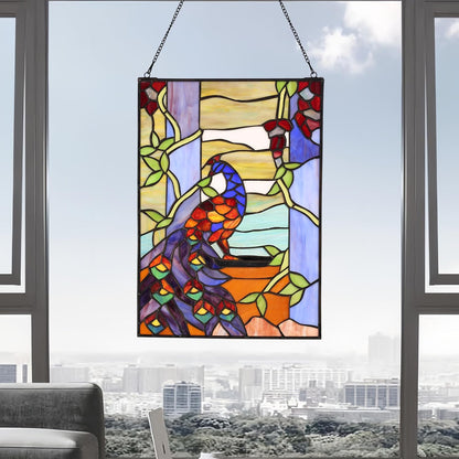 YOURANJU Stained Glass Window Hanging 16" H x 11" W Tiffany Style Rectangular Window Panel Suitable