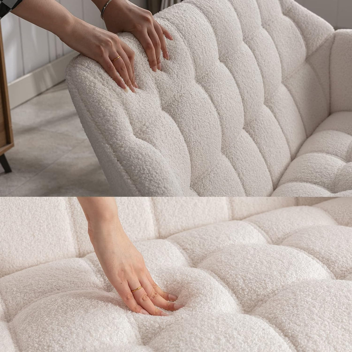 48" Small Loveseat Sofa, Modern Sherpa Mini Sofa Couch 2-Seater Fluffy Love Seat with Quilting