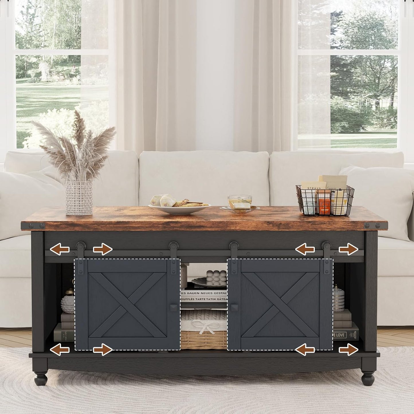 48" Farmhouse Lift Top Coffee Table with Storage Sliding Barn Door & Large Hidden Compartment