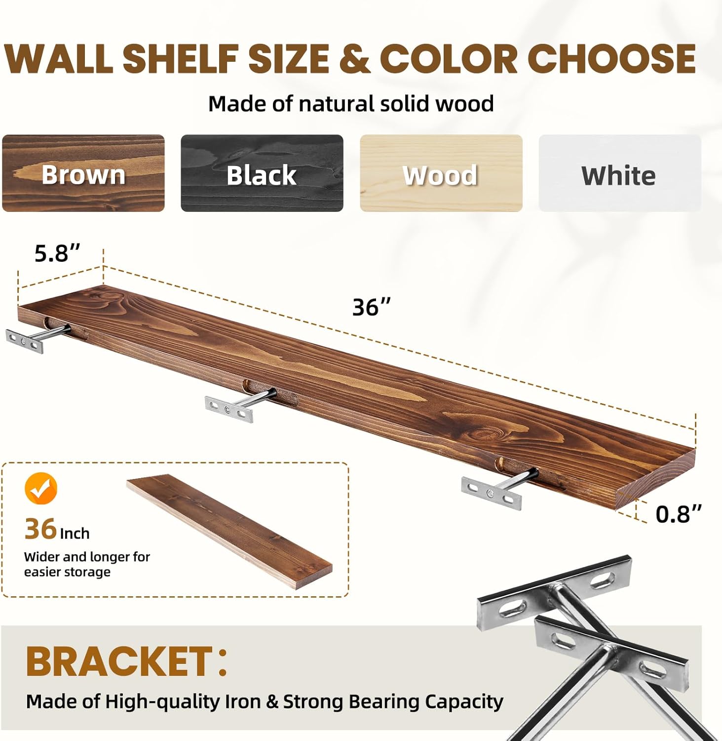 Floating Wall Shelves 2-Pack - 36-Inch Rustic Brown Wooden Shelves for Storage and Décor, Easy