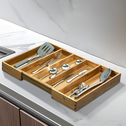 VaeFae Acacia Kitchen Silverware Organizer, Cutlery Drawer Organizer with 5 Compartments, Wooden