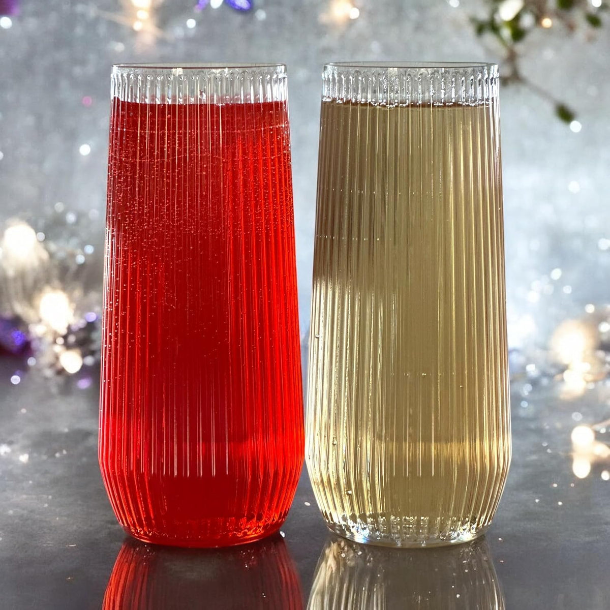 24 Pack Ribbed Origami Ripple Plastic Glasses, 12-9 Ounce Stemless Champagne Flutes & 12-12 Ounce