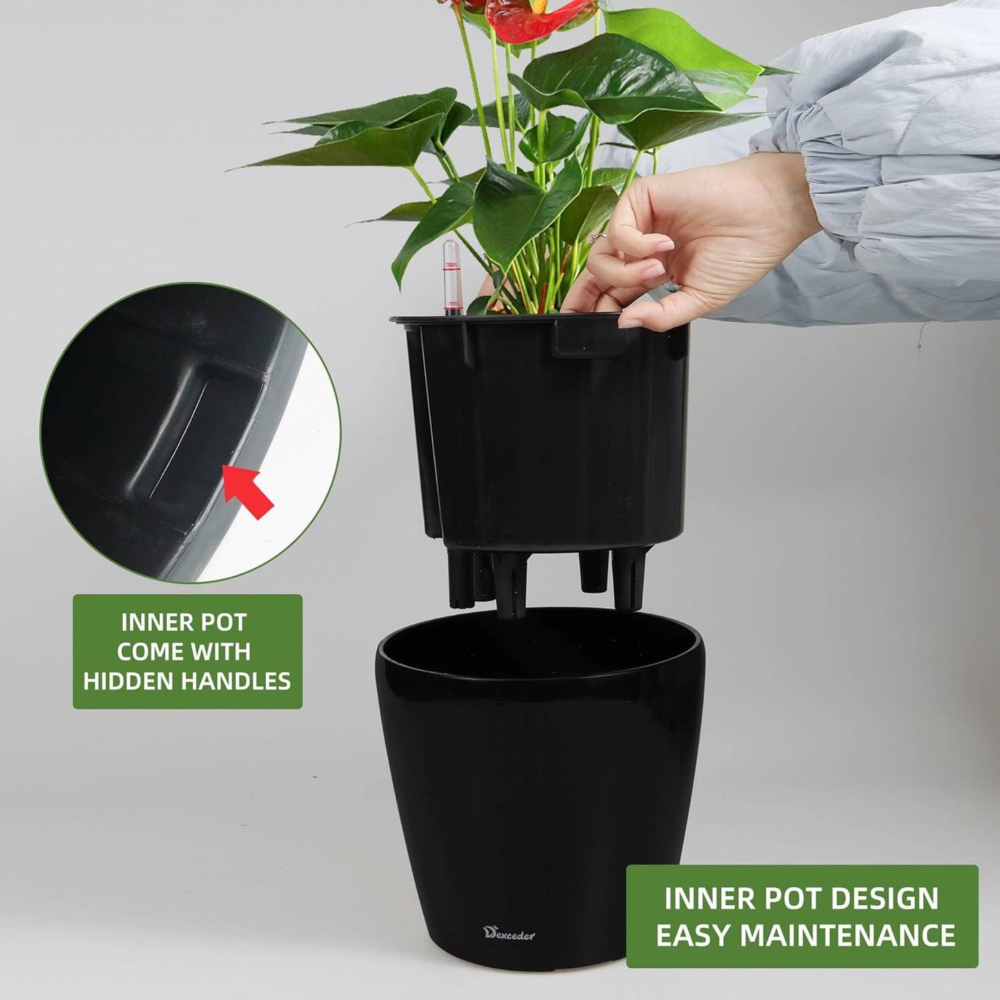 Dexceder 9x8 Inches High Gloss Self Watering Planter Indoor Outdoor, Inner Pot Design, Thickened