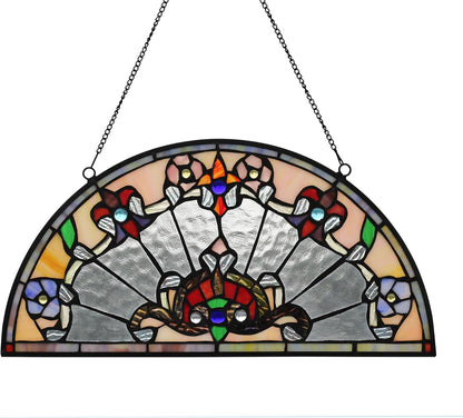 YOURANJU Half Moon Stained Glass Window Hanging Tiffany Style 16" x 8" Half-Round Window Panel