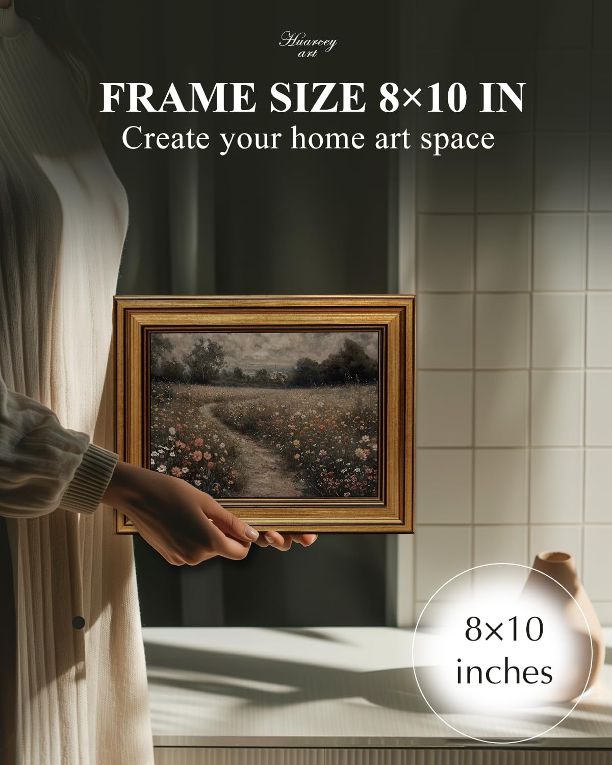 HUARCEY Gold Framed Vintage Wall Art for Living Room, Flowers Painting Prints Shelf Decor for