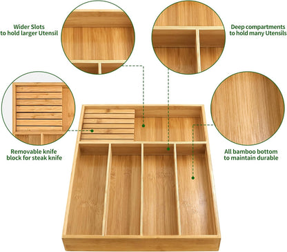 VaeFae Bamboo Silverware Organizer (Non-expandable), Utensil Holder for Drawer, Wooden Cutlery Tray